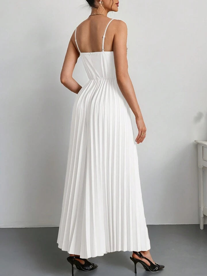 CM-JS250494 Women Elegant Seoul Style V-Neck Spaghetti Strap 3D Floral Wide Leg Jumpsuit - White