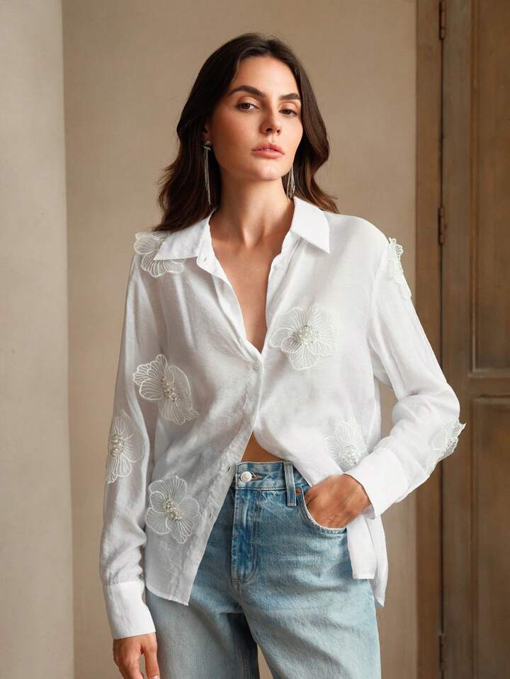 CM-TS599896 Women Elegant Seoul Style See-Through Mesh Beaded Sequin 3D Floral Shirt - White