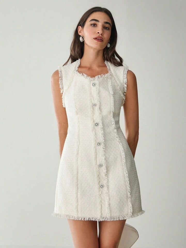 CM-DS866449 Women Elegant Seoul Style Sweetheart Neckline Sleeveless Sequin Tweed Dress - White