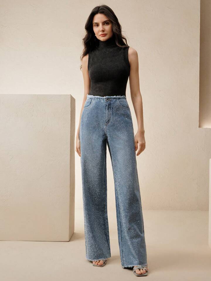 CM-BS407709 Women Elegant Seoul Style Mid Waist Rhinestone Decorated Straight Cut Frayed Hem Jeans - Blue