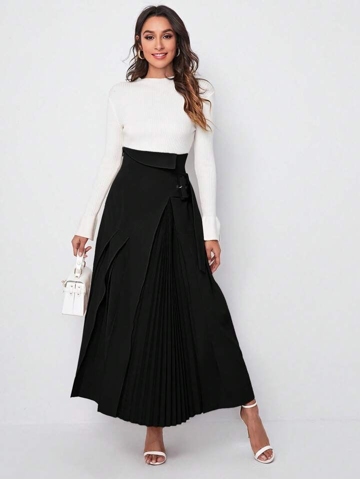 CM-BS293192 Women Elegant Seoul Style High Waist Buckle Strap Pleated Skirt - Black