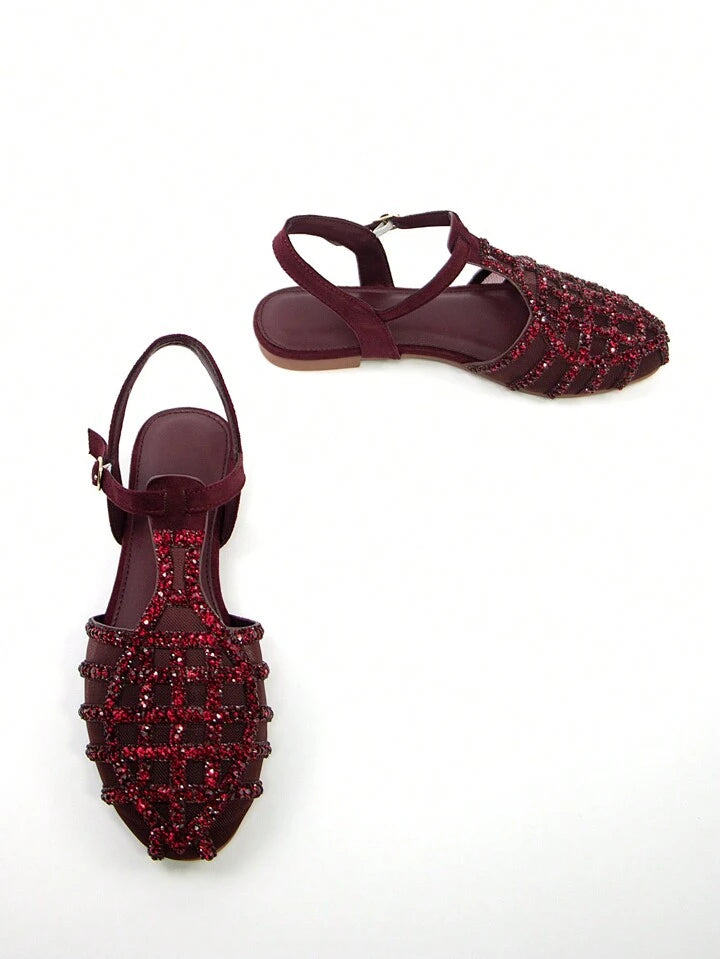 CM-SHS366289 Women Trendy Seoul Style Rhinestone Decor Hollow Faux Suede Round Toe Flats With Ankle Strap