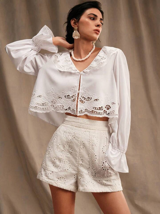 CM-TS637517 Women Trendy Bohemian Style Symmetrical Lace Detail Open-Front Shirt - White