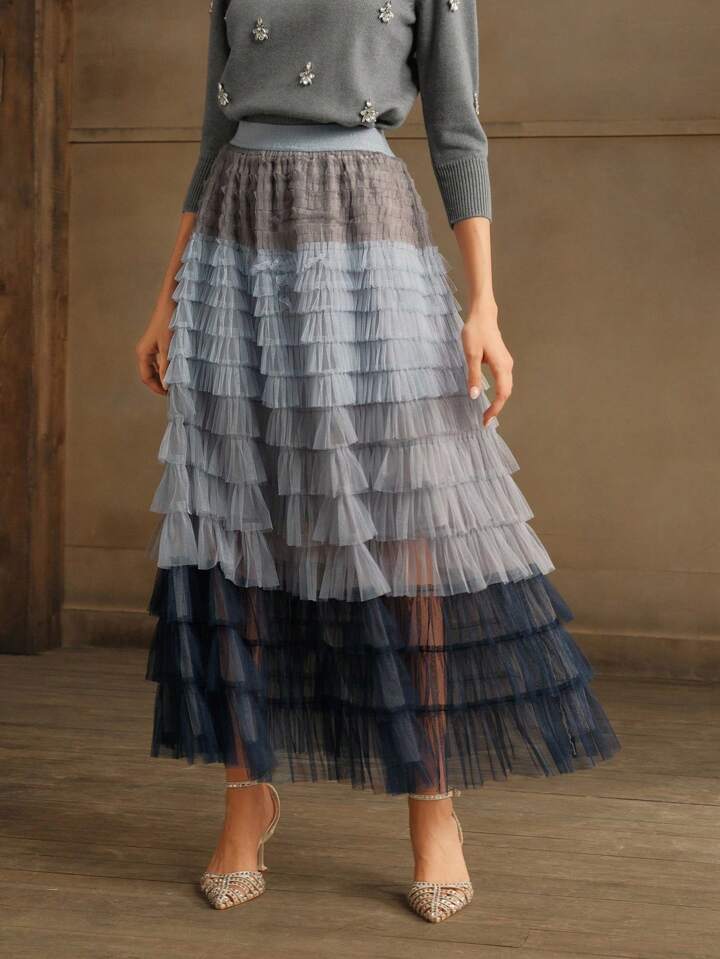 CM-BS752533 Women Elegant Seoul Style High Waist Gradient Mesh Contrast Cake Tulle Skirt - Blue