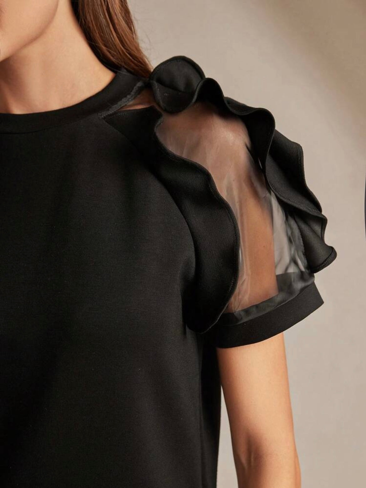 CM-TS001747 Women Elegant Seoul Style Round Neck Ruffle Trim Fitted Short Sleeve T-Shirt - Black