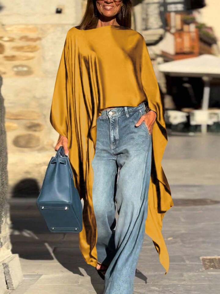 CM-TS448428 Women Casual Seoul Style Round Neck Batwing Sleeve Asymmetrical Long Shirt - Yellow