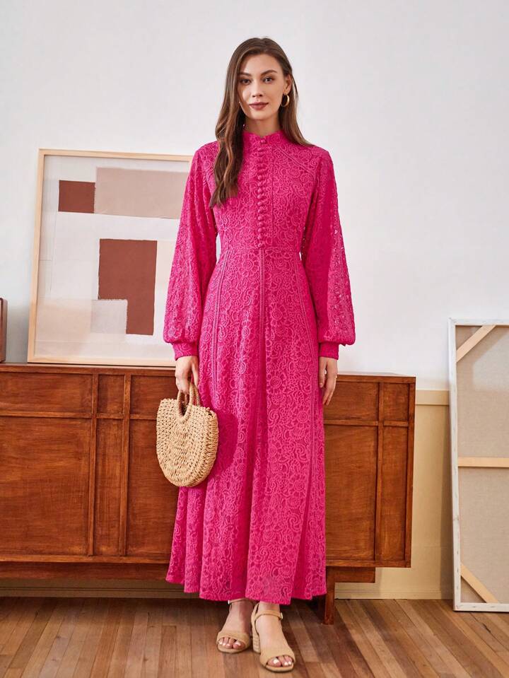 CM-DS807079 Women Elegant Seoul Style Lace Mandarin Collar Long Sleeve A-Line Dress - Hot Pink
