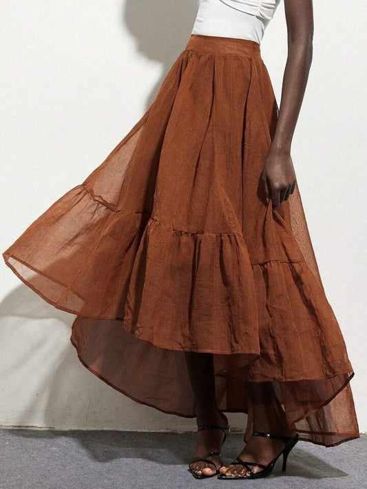 CM-BS228766 Women Casual Seoul Style High Waisted Puffed Layered Ruffle Hem A-Line Skirt - Coffee Brown