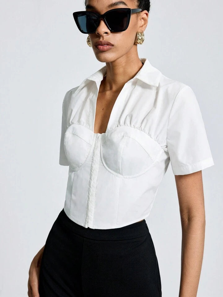 CM-TS191209 Women Casual Seoul Style Collar Neckline Pleated Short Sleeve Shirt - White