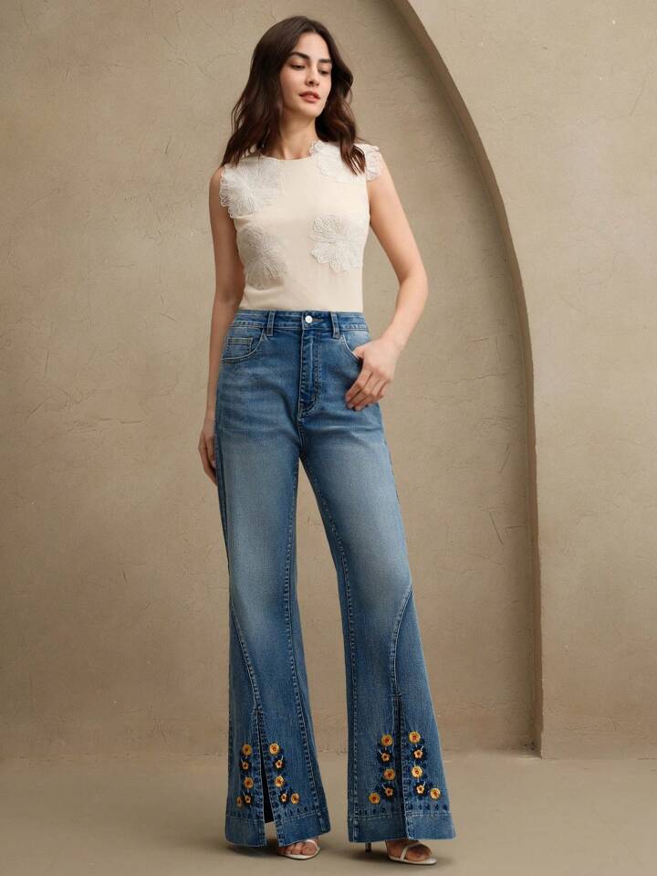 CM-BS483376 Women Elegant Seoul Style Mid Waist Embroidered Floral Flared Jeans - Blue