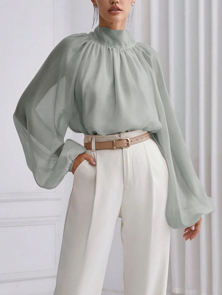 CM-TS993626 Women Elegant Seoul Style High Neck Lantern Sleeve Shirt - Light Gray
