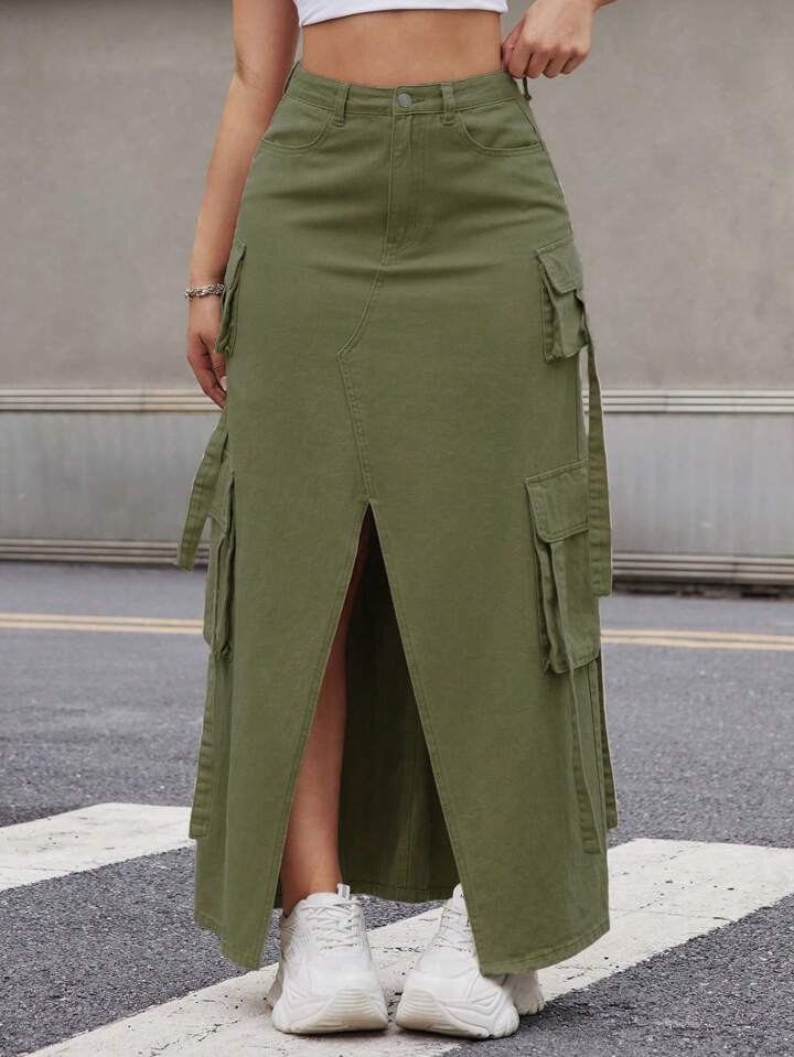 CM-BS051288 Women Casual Seoul Style Front Button Pocket Slit Denim A-Line Skirt - Army Green