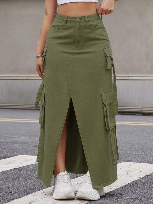 CM-BS051288 Women Casual Seoul Style Front Button Pocket Slit Denim A-Line Skirt - Army Green