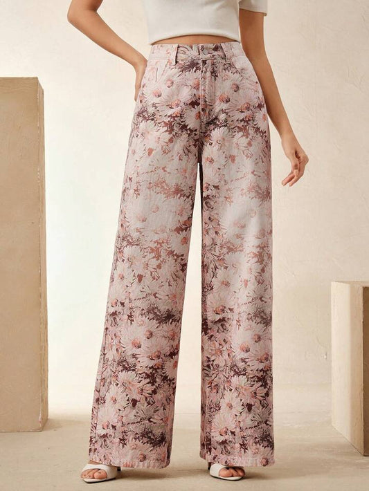 CM-BS072064 Women Casual Seoul Style Floral Printed High-Waisted Wide Leg Jeans - Pink