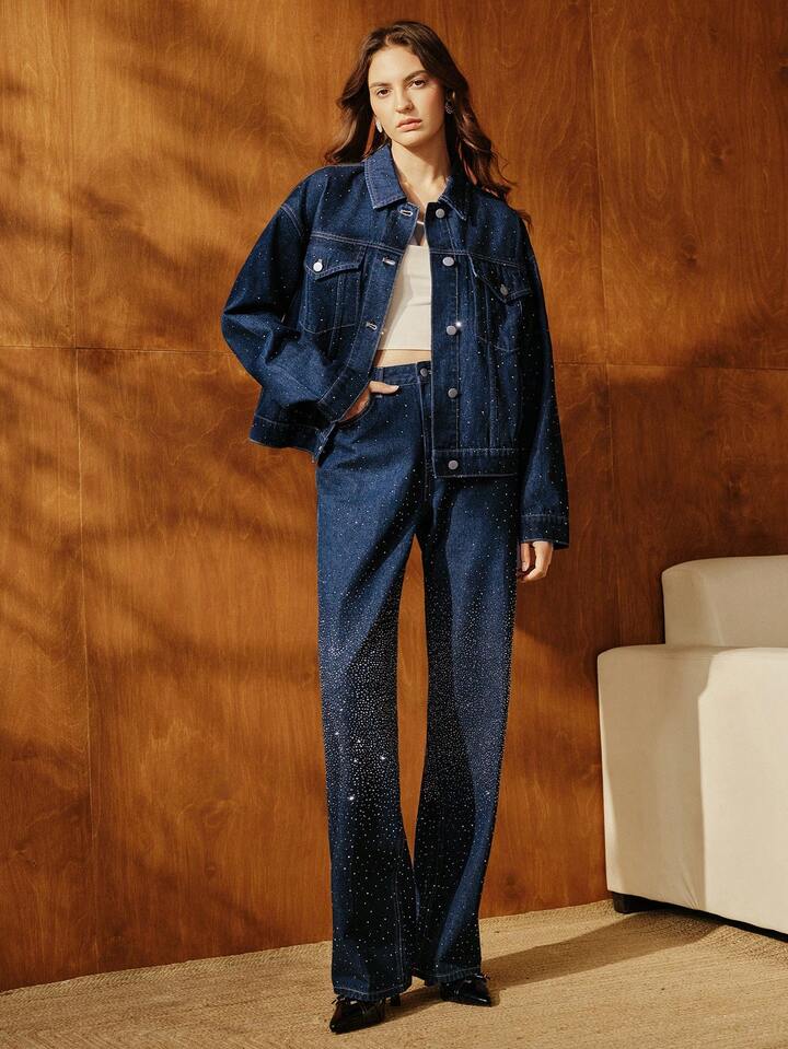 CM-BS444343 Women Casual Seoul Style Dark Wash High Waist Pockets Rhinestone Straight Loose Jeans