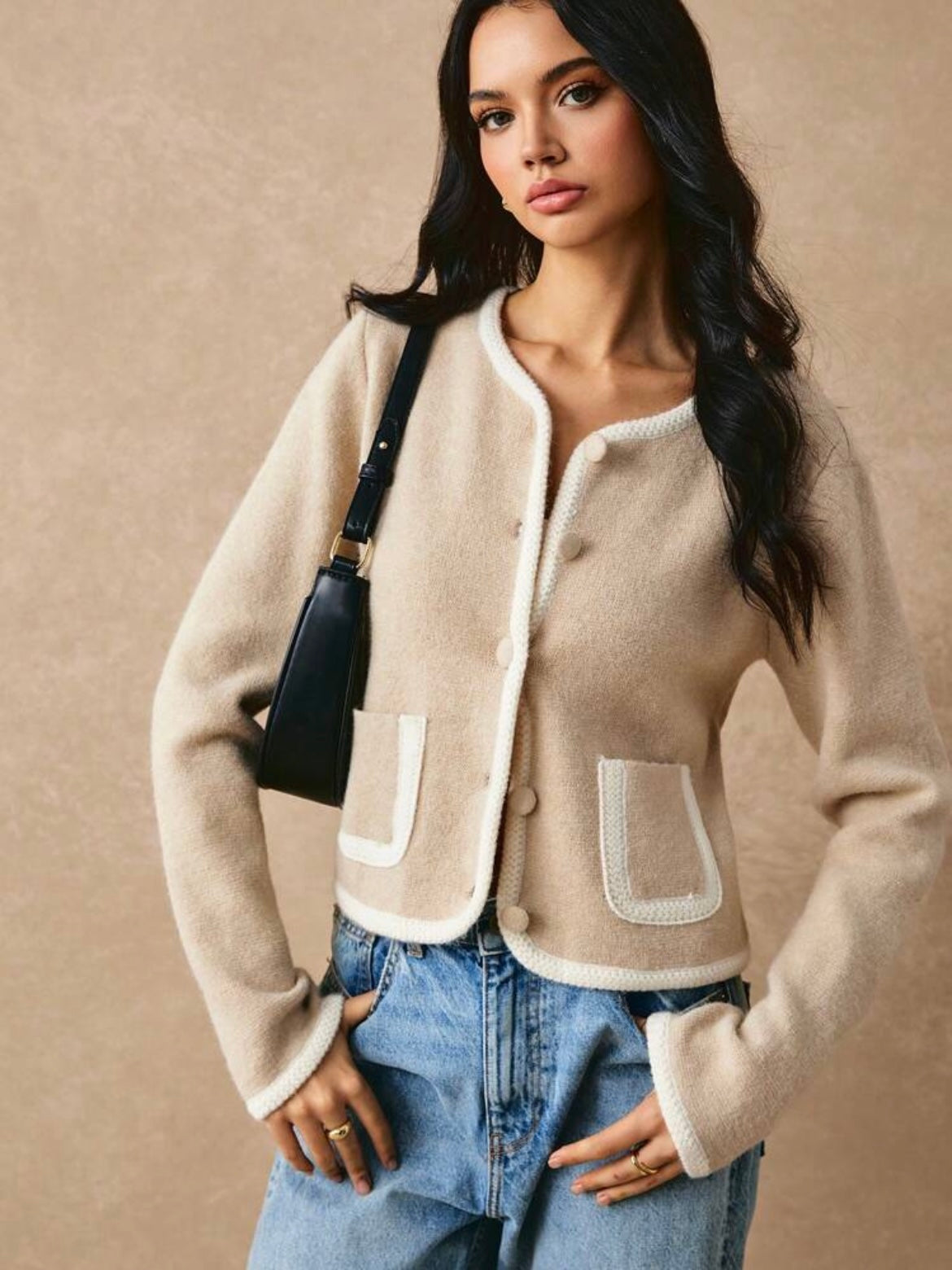 CM-CS295206 Women Casual Seoul Style Colorblock Round Neck Long Sleeve Trim Short Jacket