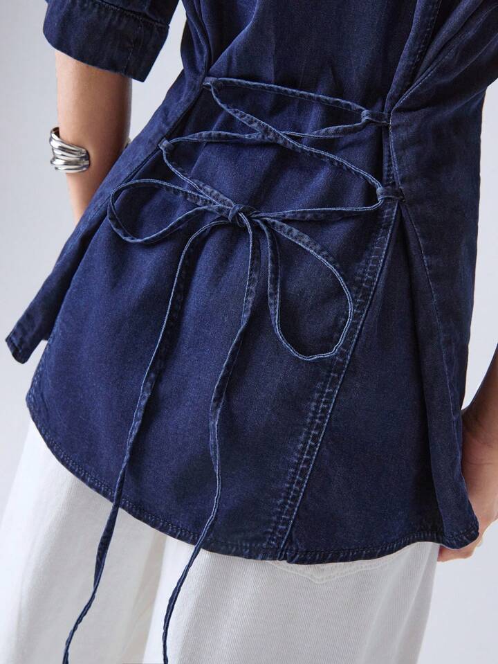 CM-TS825911 Women Elegant Seoul Style Dark Wash Collar Neckline Short Sleeve Single-Breasted Denim Jacket