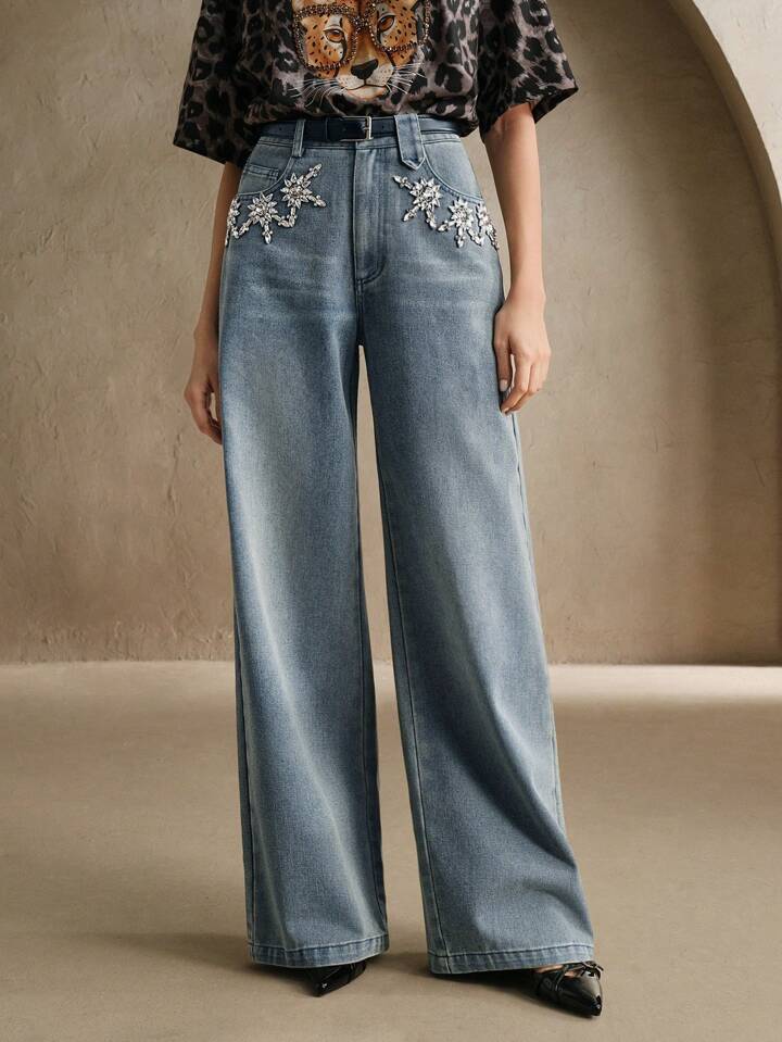 CM-BS111812 Women Casual Seoul Style Light Wash Distressed Rhinestone Embellished Belt Loop Denim Jeans