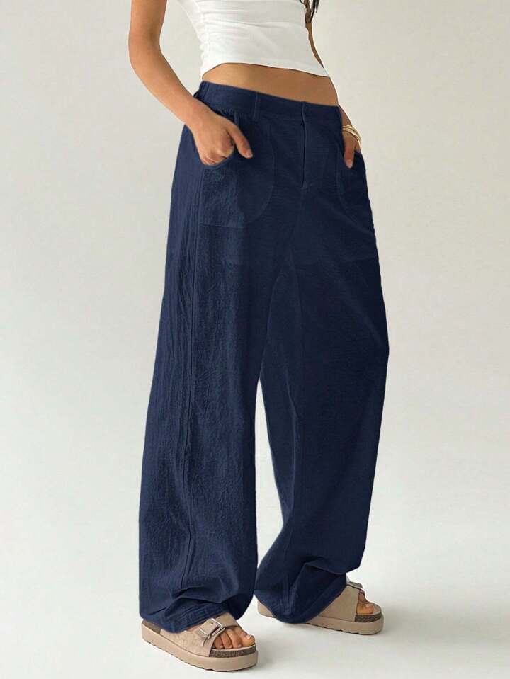 CM-BS787739 Women Casual Seoul Style Solid Color Low Waist Loose Straight Leg Pants - Navy Blue