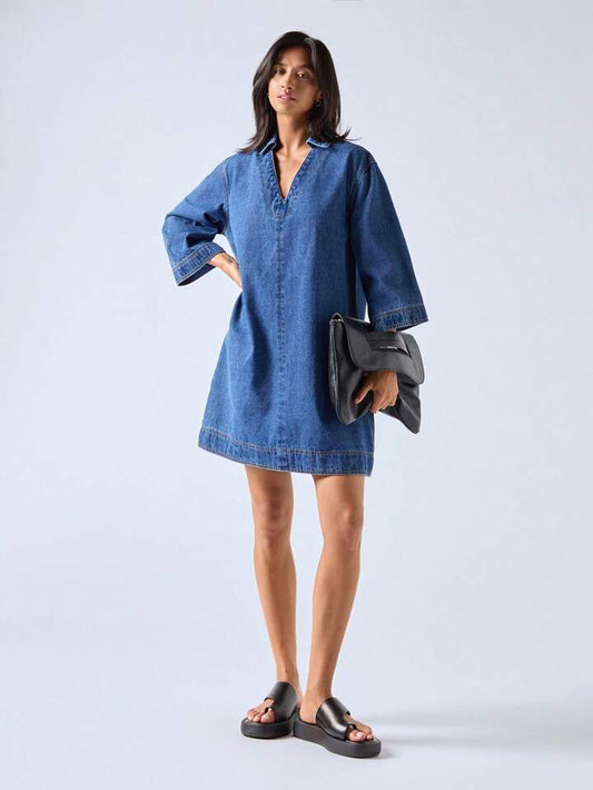 CM-DS233229 Women Casual Seoul Style V-Neck Half Sleeve Mid Waist Loose Mini Denim Dress - Blue