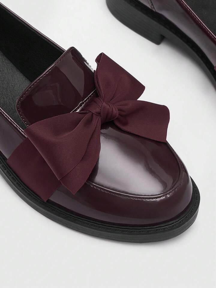 CM-SHS933180 Women Trendy Seoul Style Plain Bow Round Toe Flat Loafers Shoes - Burgundy