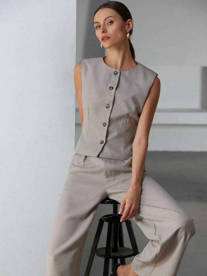 CM-SS490619 Women Elegant Seoul Style Houndstooth Button Up Vest With Trouser Suit - Set