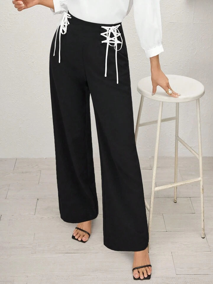 CM-BS517705 Women Casual Seoul Style Drawstring High-Waist Wide-Leg Pants - Black