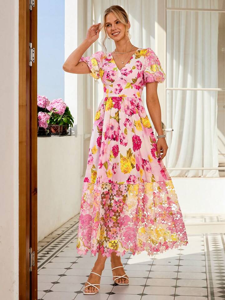 CM-DS161110 Women Trendy Bohemian Style V-Neck Short Sleeve Floral Print Lace Patchwork Dress