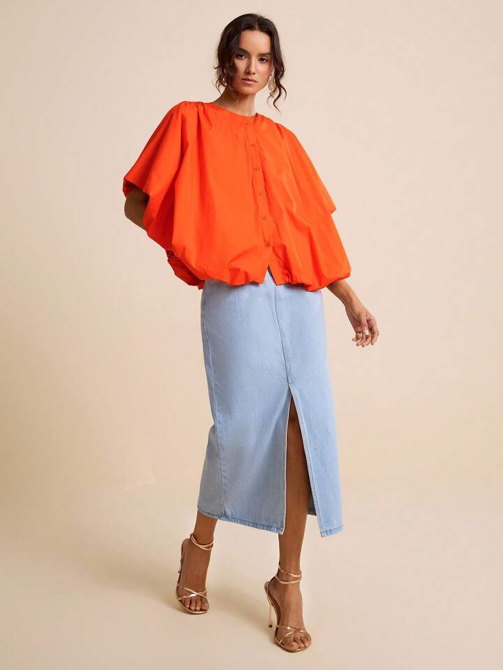 CM-TS752915 Women Casual Seoul Style Loose Cardigan Collar Batwing Sleeve Oversized Shirt - Orange