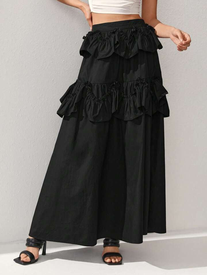 CM-BS230111 Women Casual Seoul Style High Waist Patchwork Ruffle Hem Skirt - Black