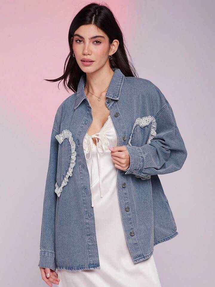 CM-CS487800 Women Casual Seoul Style Medium Wash Collar Neckline Long Sleeve Eyelet Trim Heart Pocket Denim Shirt Jacket