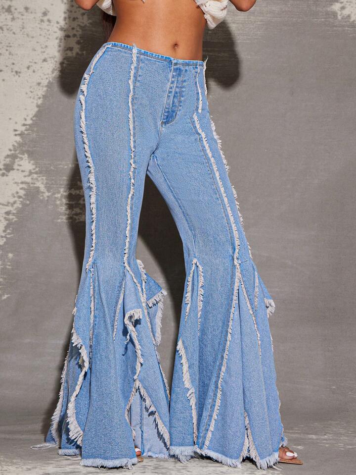 CM-BS396099 Women Casual Seoul Style Light Wash Seamed Raw Edge Fringe Flare Hem Stretch Denim Jeans