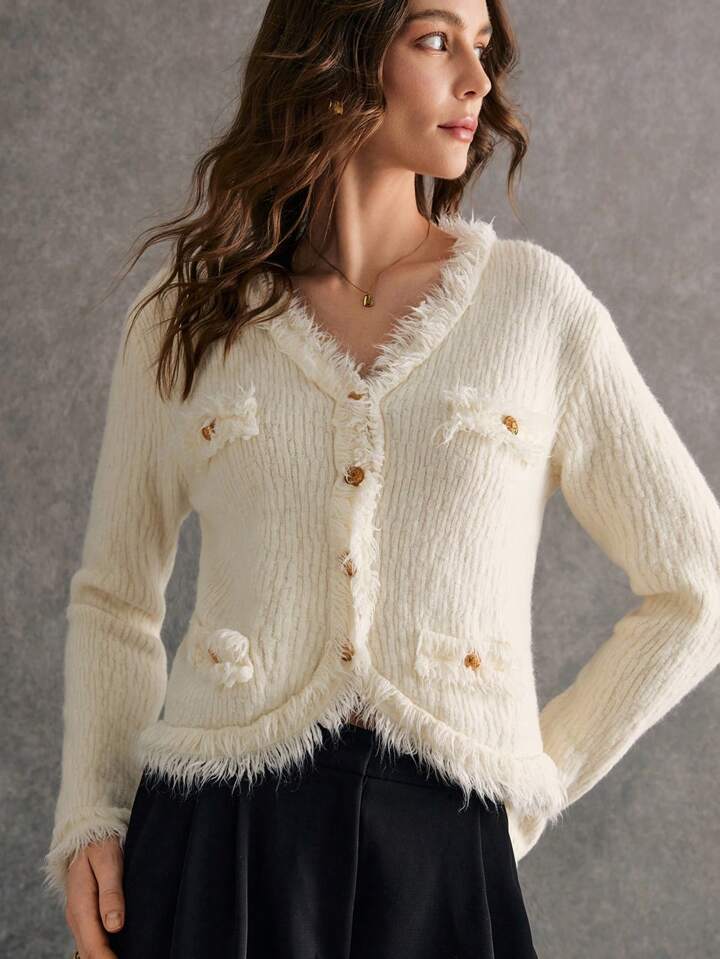 CM-CS640675 Women Casual Seoul Style Metal Buttons Patchwork Fringe Trim Single Breasted Cardigan