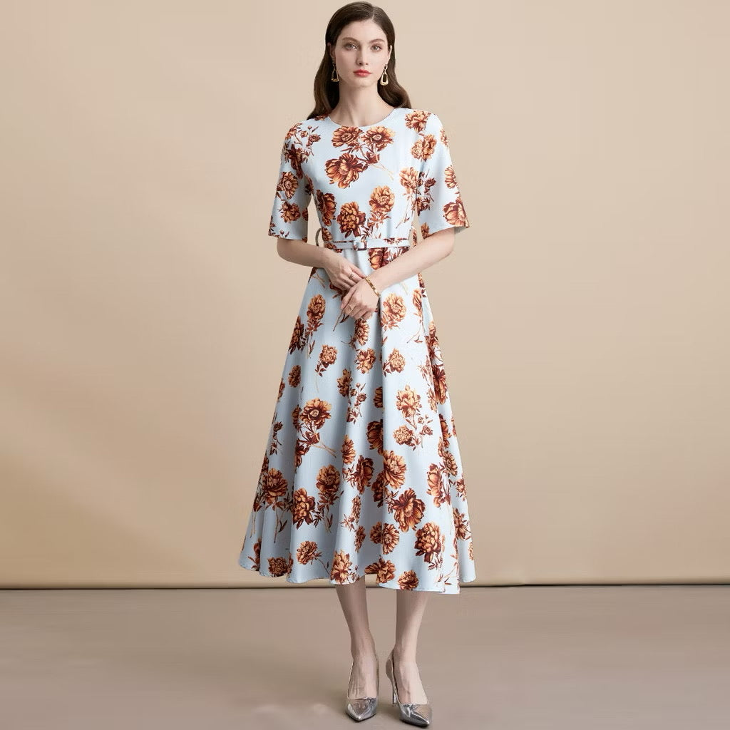 CM-DY054107 Women Elegant European Style Round Neck Short Sleeve Pinched Waist Long Dress