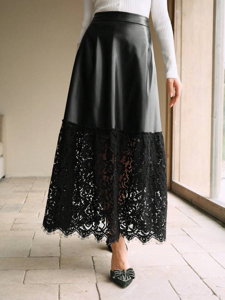 CM-BS697196 Women Elegant Seoul Style Lace Splicing PU Leather Mid-Length A-Line Skirt - Black