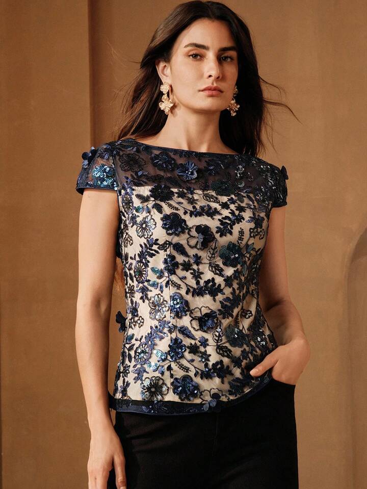 CM-TS935017 Women Elegant Seoul Style Round Neck Cap Sleeve Embroidered Floral Beaded Blouse - Navy Blue