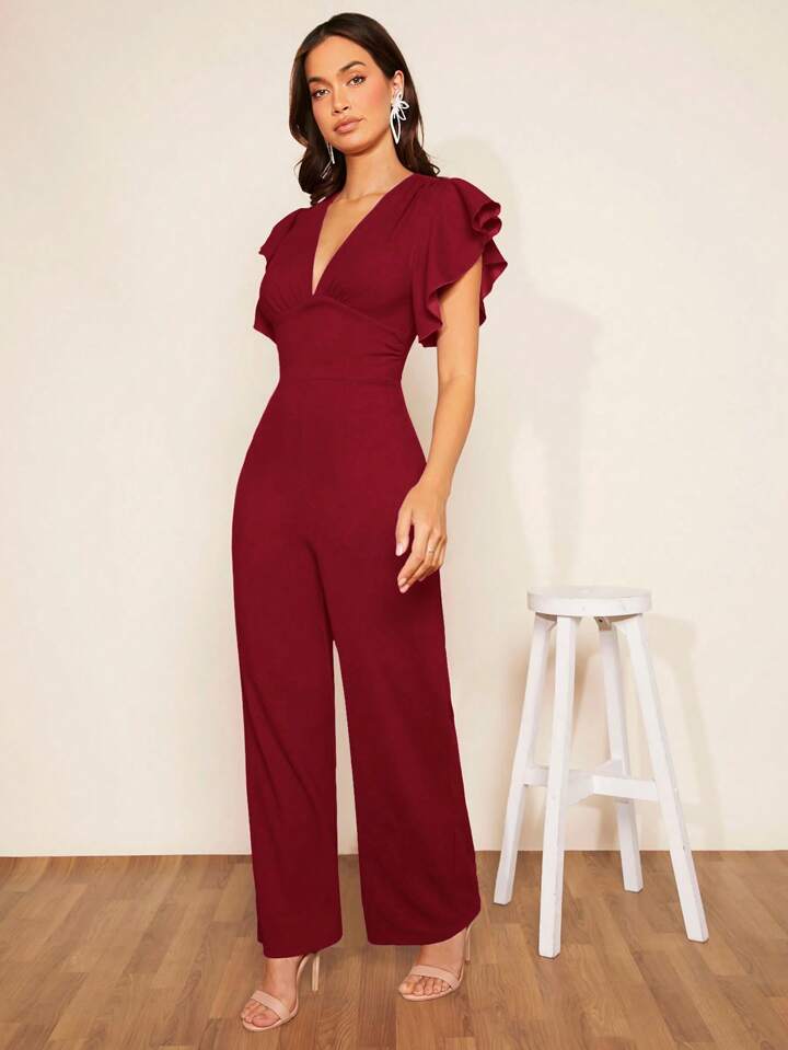 CM-JS151161 Women Elegant Seoul Style Plunging Neck Butterfly Sleeve Jumpsuit - Burgundy