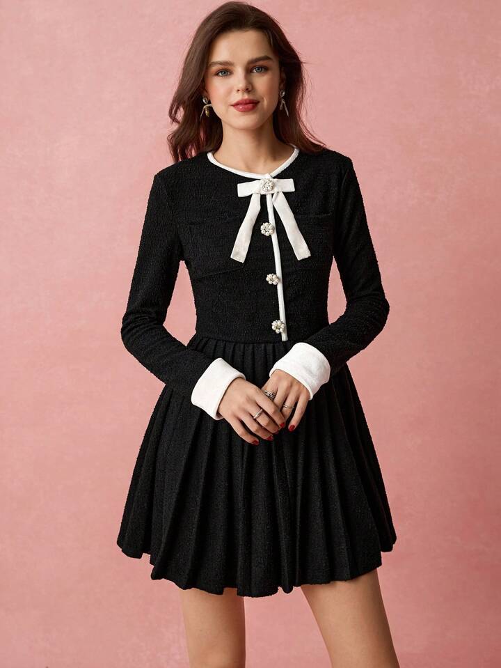 CM-DS901020 Women Elegant Seoul Style Bow Decor Round Neck Long Sleeve Pleated Hem Mini Dress - Black