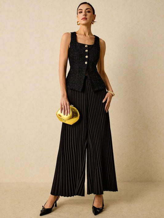 CM-SS552264 Women Elegant Seoul Style Single-Breasted Square Neck Vest With Pleated Midi Skirt - Set