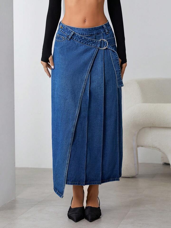 CM-BS878352 Women Casual Seoul Style Dark Wash Pleated Pocket Minimalist Denim Skirt