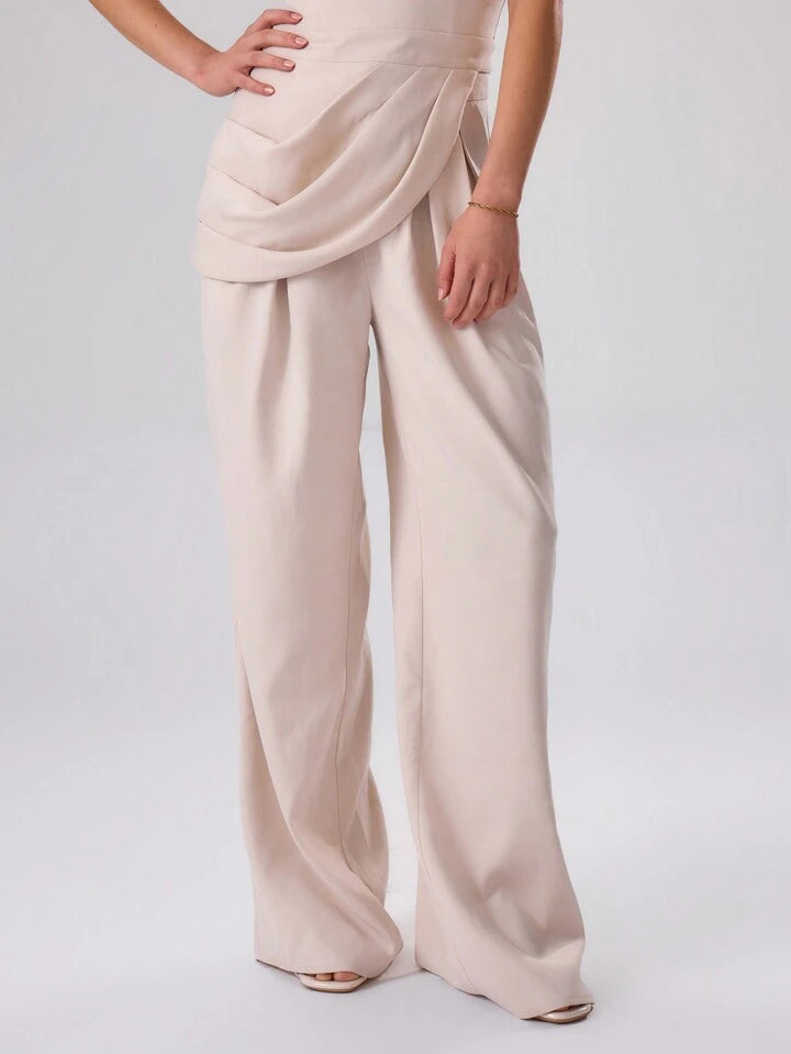 CM-BS666566 Women Casual Seoul Style Woven Tailored Straight Leg Trousers - Apricot