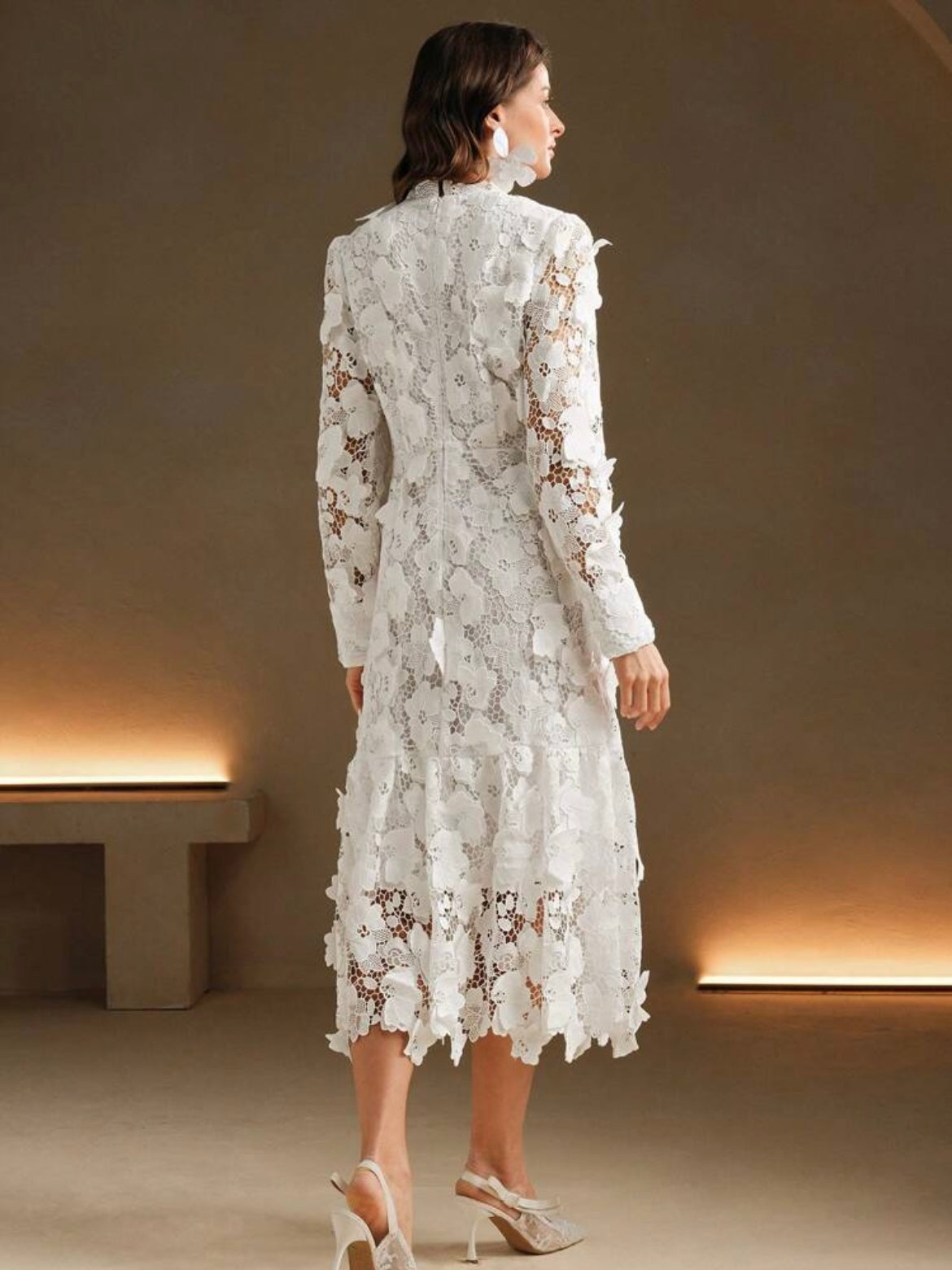 CM-DS243323 Women Elegant Seoul Style High Neck Long Sleeve Lace A-Line Formal Dress - White