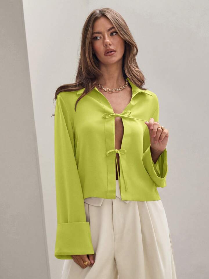 CM-TS814811 Women Trendy Bohemian Style Shirt Collar Front Tie Long Sleeve Shirt - Green