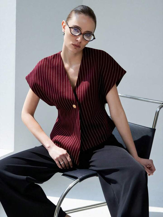 CM-TS166179 Women Casual Seoul Style V-Neck Open Front Asymmetrical Hemline Sleeveless Blouse