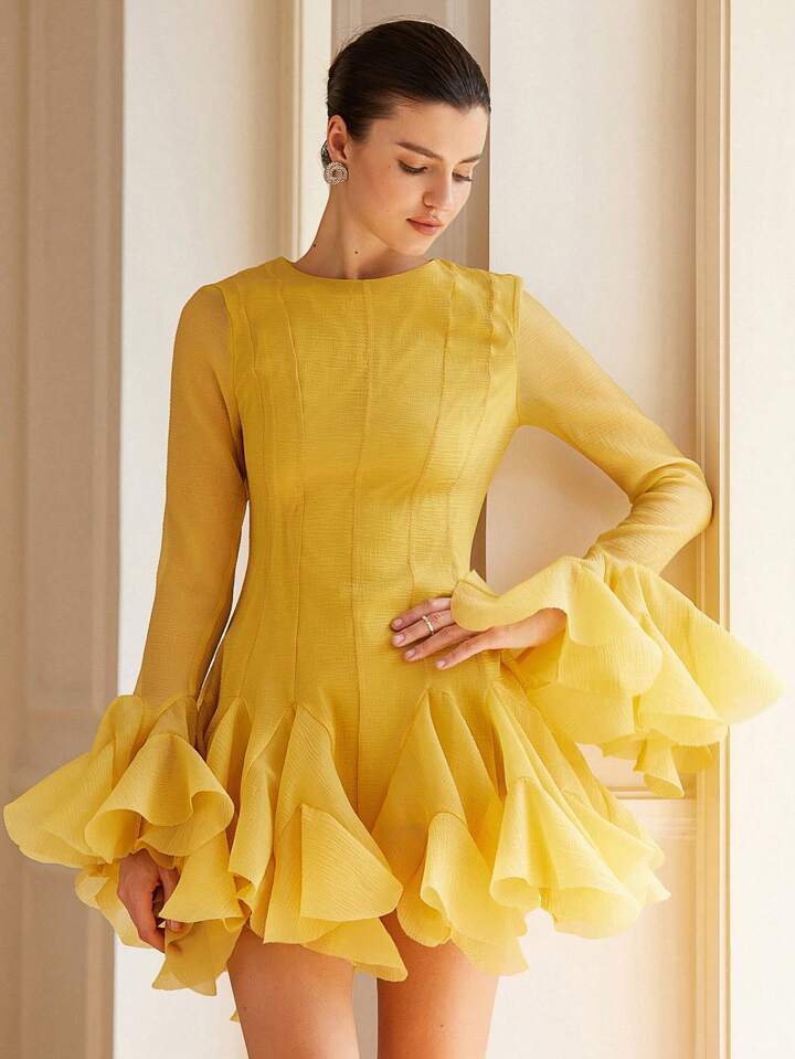 CM-DS291392 Women Elegant Seoul Style High-End Frilled Hem Flared Sleeve Short Dress - Yellow