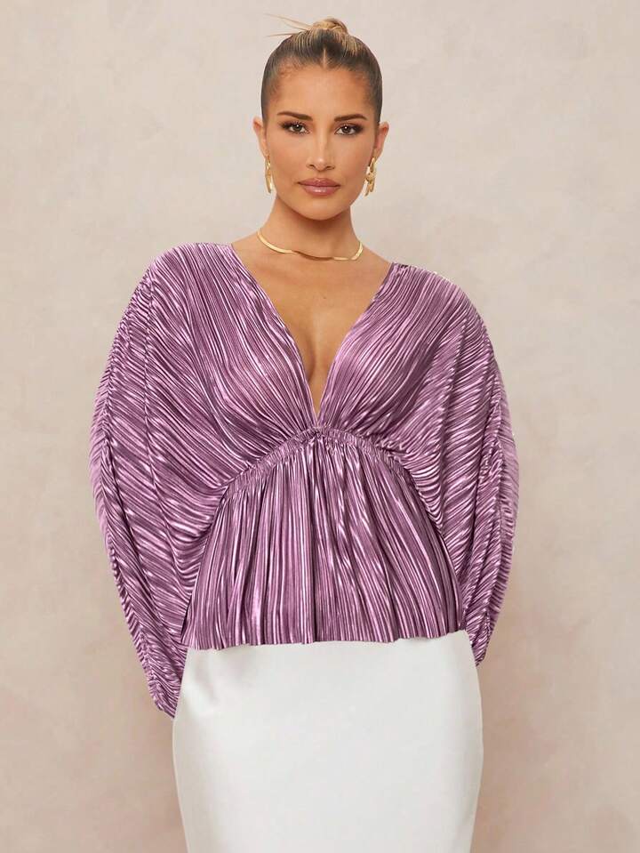 CM-TS286983 Women Elegant Seoul Style Deep V-Neck Long Sleeve Loose Fit Ruffled Hem  Oversized Blouse - Dusty Pink