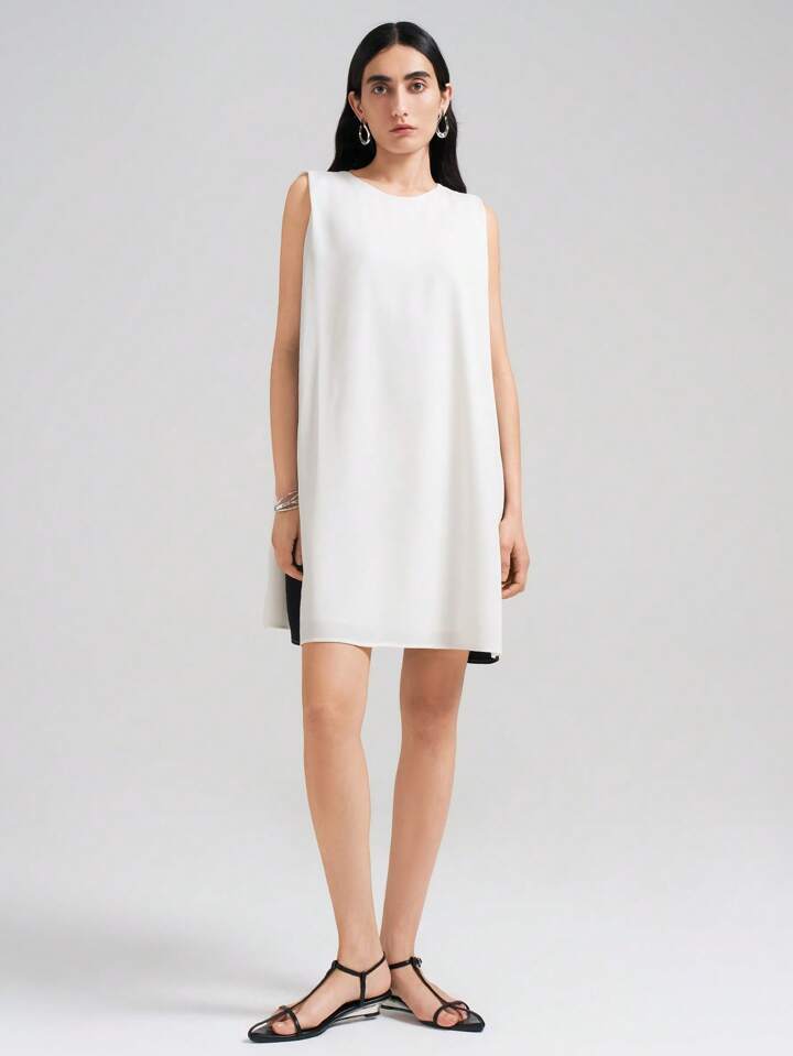 CM-DS223977 Women Elegant Seoul Style Round Neck Sleeveless Color Block Patchwork Mini Dress