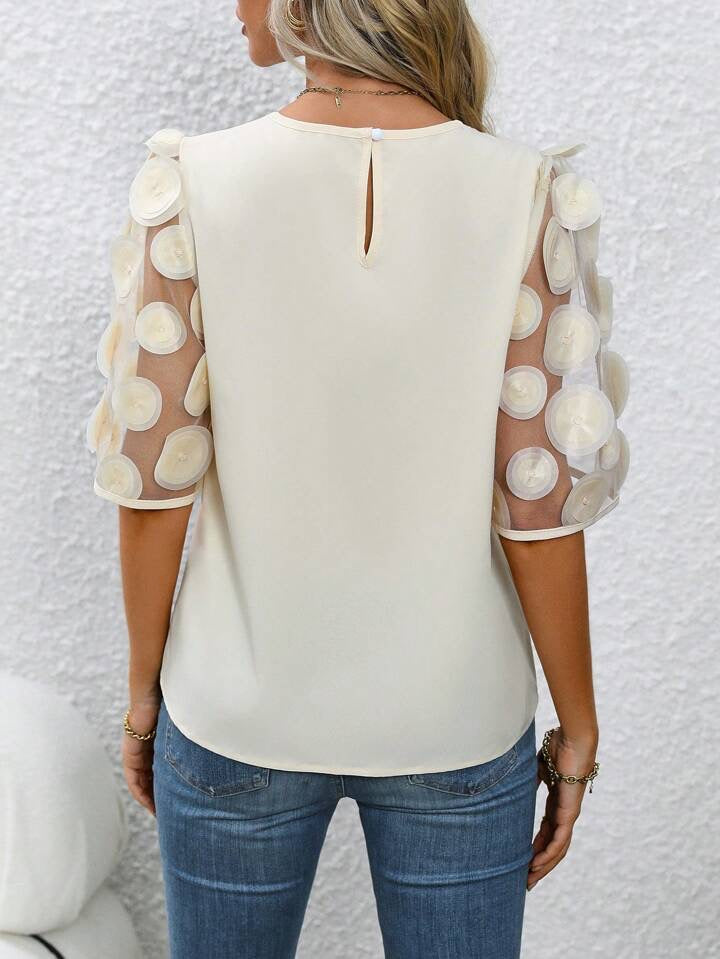 CM-TS613574 Women Casual Seoul Style Round Neck Contrast Mesh Sleeve Blouse - Apricot