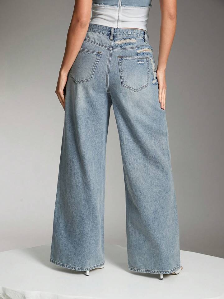 CM-BS623400 Women Casual Seoul Style Light Wash Shredded Wide Leg Denim Jeans