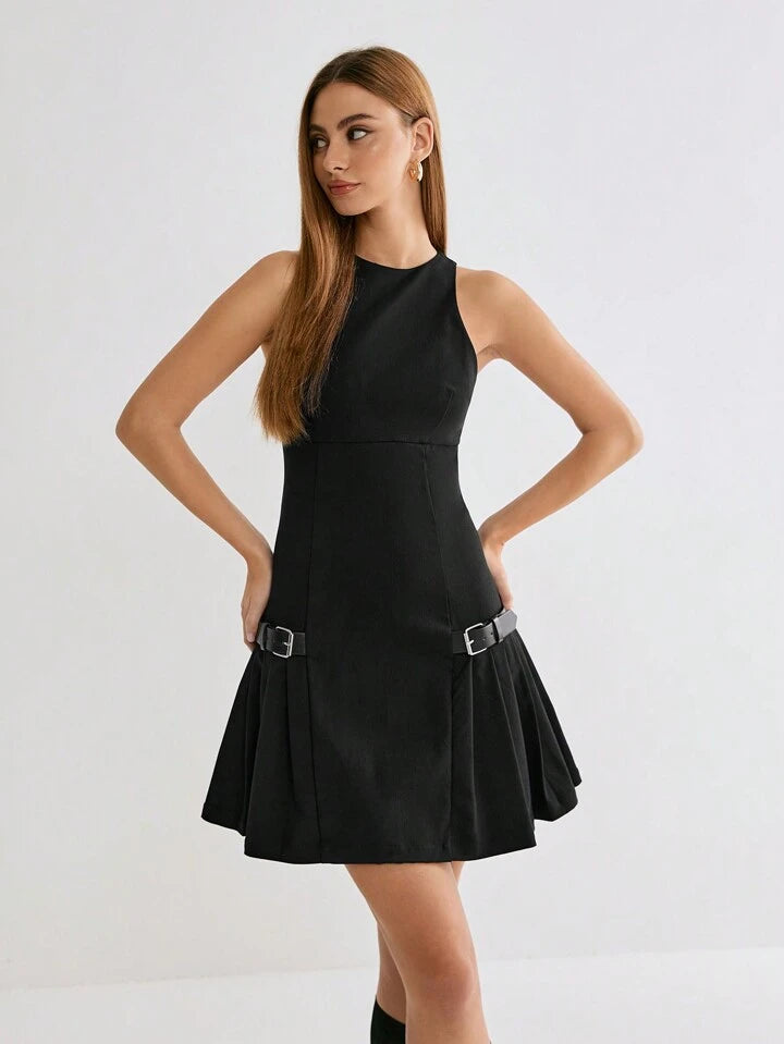 CM-DS443316 Women Casual Seoul Style Round Neck Sleeveless Belt Decor Pleated Hem Mini Dress - Black